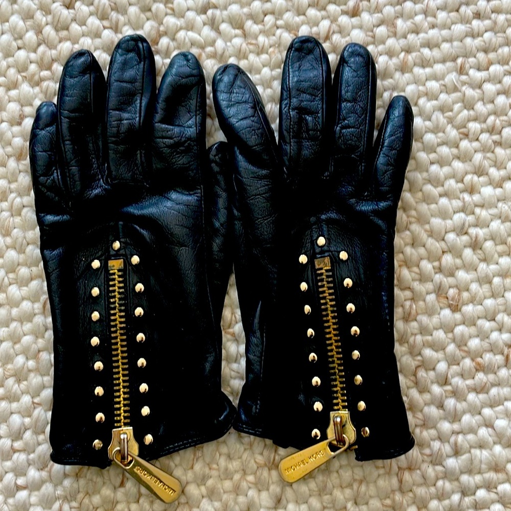 Michael Kors black leather gloves with gold hardware